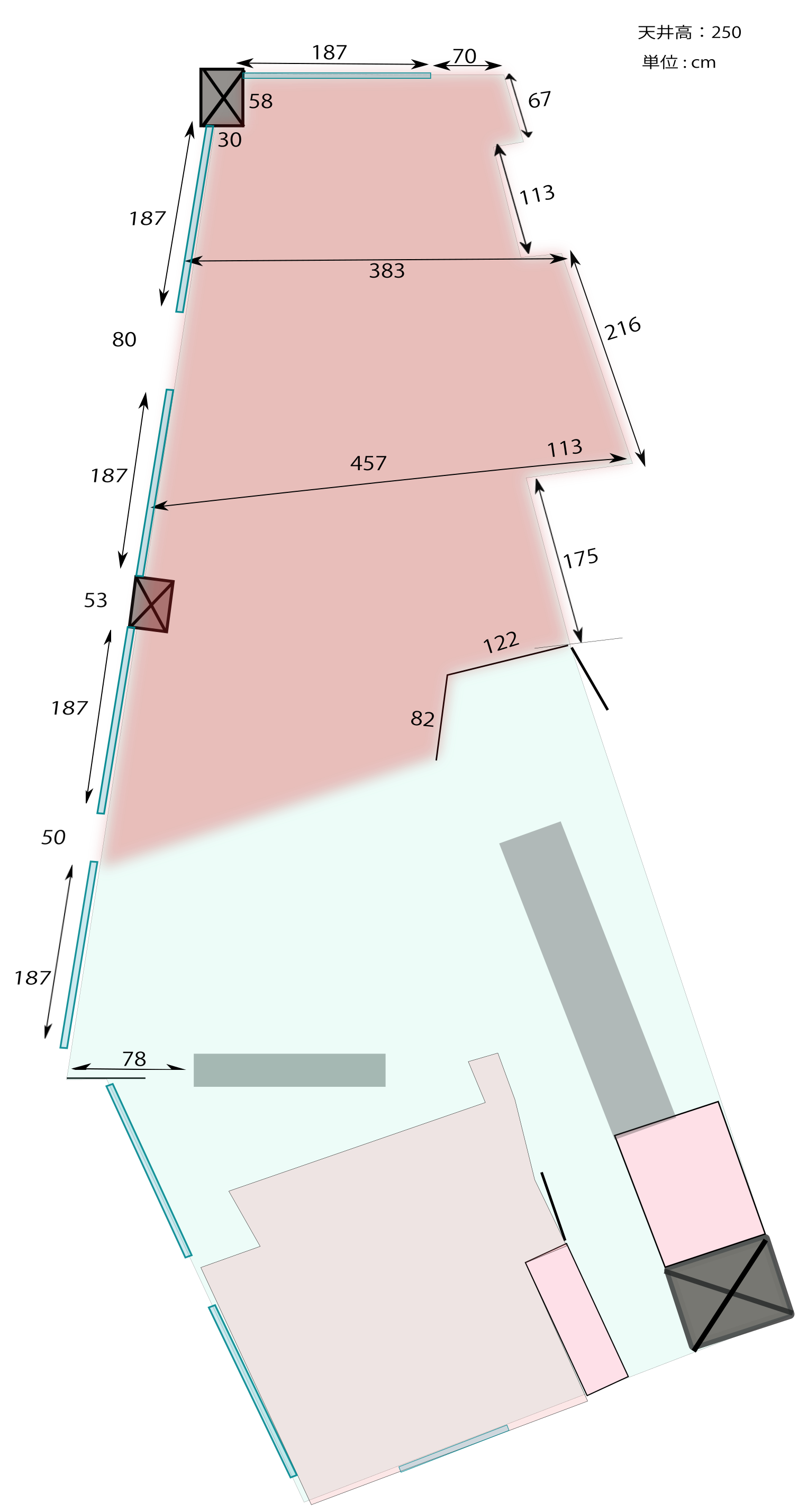 アトリエスペースの寸法（cm）。